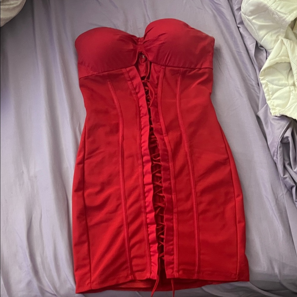 Oh Polly Vibrant Red Strapless Dress